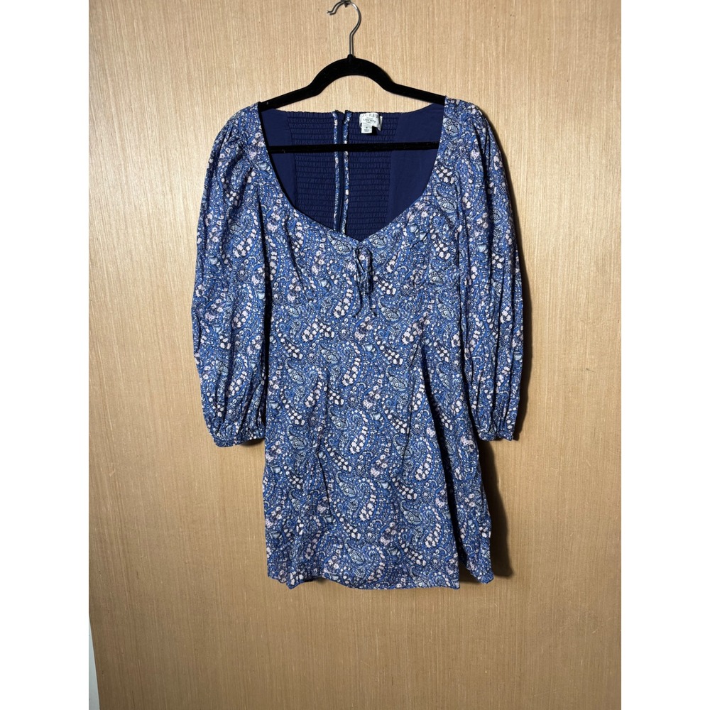 J Crew Liberty Floral Mini‎ Dress Blue Cotton Blend Womens Size 6 Long Sleeve